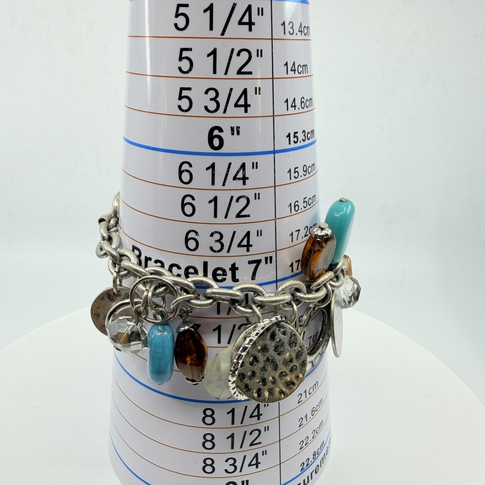 Vintage Boho Silver Faux Turquoise Chunky Charm Bracelet Multi Bead Toggle Y2K - Picture 8 of 8